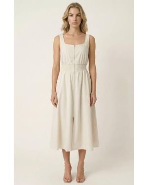 Modenaire Sleeveless Smocked Front Zip Midi Dress - Natural