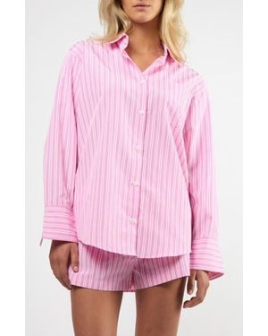 Viens Avec Moi Seaside Stripe Cotton Blend Button-Up Shirt - Pink
