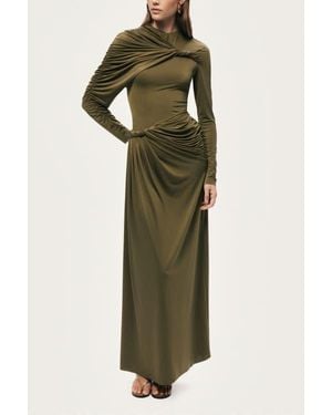 Nocturne Draped Long Sleeve Maxi Dress - Green