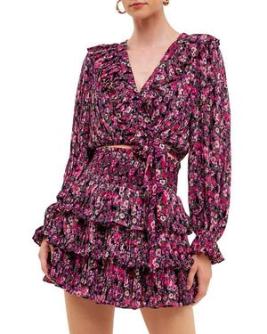 Endless Rose Floral Ruffle Wrap Crop Top - Red