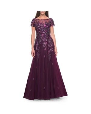 La Femme A-Line Gown With Unique Sequin Floral Applique - Purple