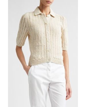 Eleventy Open Stitch Cotton & Linen Blend Polo - White