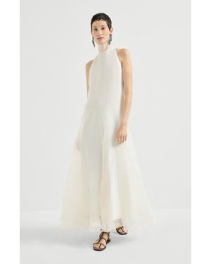 Brunello Cucinelli Crispy Silk Dress With Monili - White