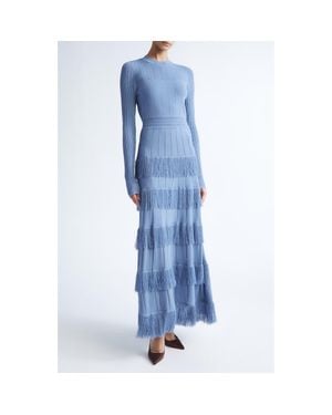 Lela Rose Piper Fringe Long Sleeve Sweater Dress - Blue