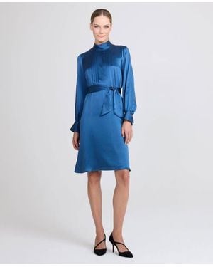 Really Wild Clothing Cara Silk Pleated Tie Neck Dress - Blue