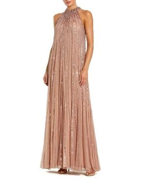 Mac Duggal Sleeveless Halter Neck Mesh Sequin Trapeze Gown - Multicolor