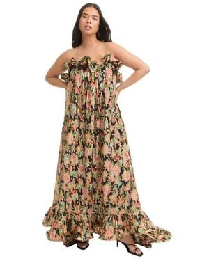 June + Vie Ruffled Metallic Strapless Maxi Dress - Natural