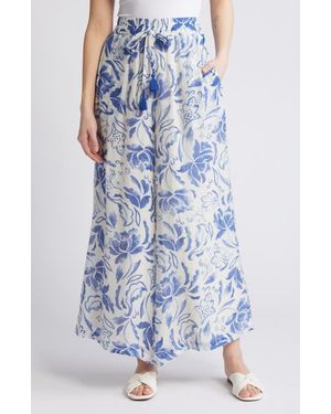 Vince Camuto Floral Wide Leg Drawstring Pants - Blue