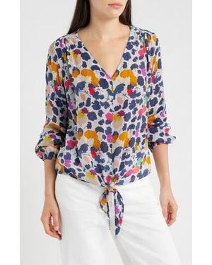Apny Print Tie Front Top - White