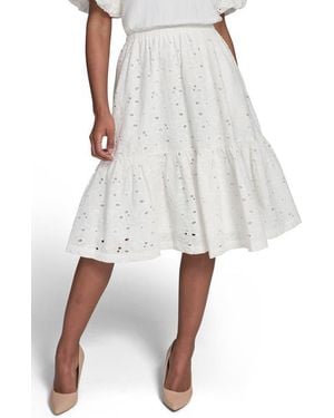 KARL LAGERFELD Mixed Media Eyelet Lace Midi Dress - White