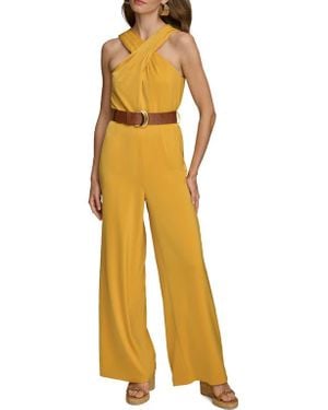 Donna Karan Belted Halter Wide Leg Jumpsuit - Yellow