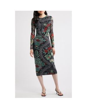 Tahari The Delilah Print Long Sleeve Mesh Maxi Dress - Black