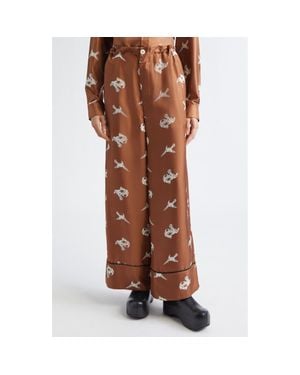 Marni Raven Print Silk Twill Wide Leg Pants - Brown