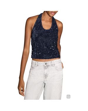 MANGO TEEN Sequin Halter Crop Top - Blue