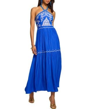 Ramy Brook Kenna Embroidered Tiered Halter Maxi Dress - Blue