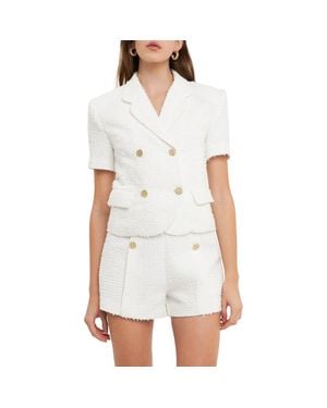Endless Rose Double Breasted Short Sleeve Tweed Blazer - White
