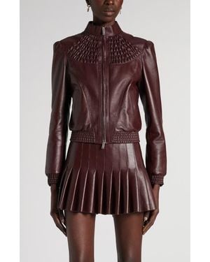 McQueen Smocked Lambskin Leather Bomber Jacket - Brown
