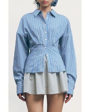 Maude Club Hadley Pleated Stripe Cotton Blend Button-Up Top - Blue