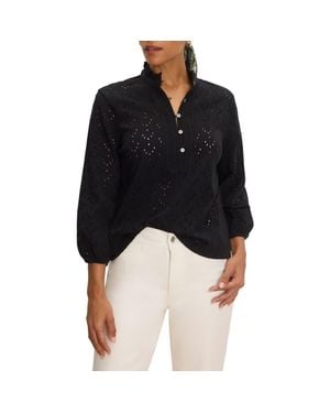 NIC+ZOE Eyelet Embroidered Ruffle Trim Cotton Top - Black