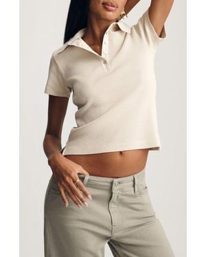 Mavi Crop Stretch Cotton Rib Polo T-Shirt - Natural