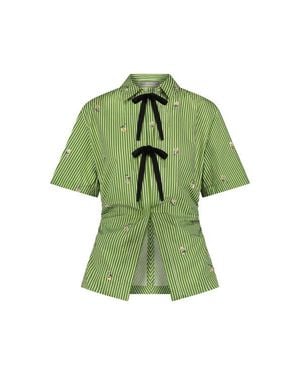 Lela Rose Embroidered Striped Cotton Bow Front Shirt - Green
