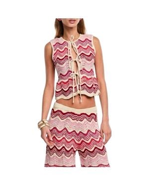 CAPITTANA Kari Tie Front Crop Pointelle Cover-Up Top - Red