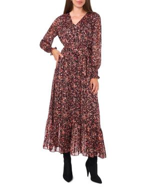 Vince Camuto Metallic Stripe Floral Long Sleeve Maxi Dress - Red