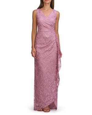 JS Collections Blakely Floral Embroidery Ruched Gown - Red