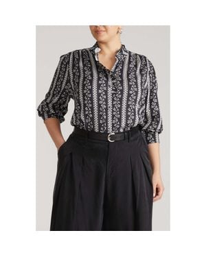 UNIVERSAL STANDARD Endora Ruffle Trim Button-Up Shirt - Black
