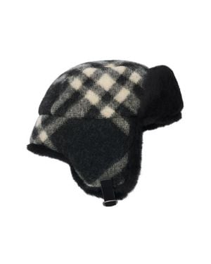 Burberry Tribar Padded Check Wool & Genuine Shearling Trapper Hat - Black