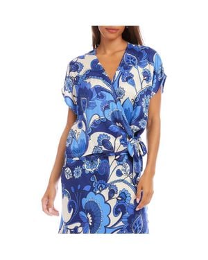 Karen Kane Blouson Side Tie Satin Wrap Top - Blue