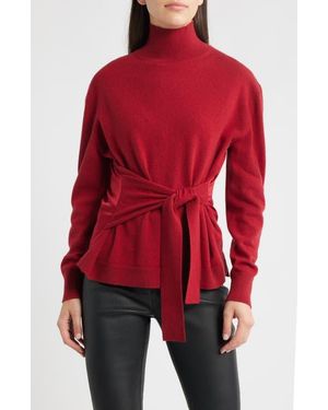 BOSS Falandia Tie Waist Mixed Media Turtleneck Wool & Cashmere Sweater - Red
