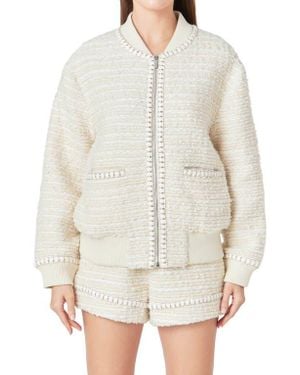 Endless Rose Metallic Thread Detail Tweed Bomber Jacket - White