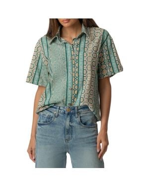 Kut From The Kloth Aida Stretch Cotton Blend Short Sleeve Button-Up Top - Green
