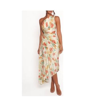 Petal & Pup Kleo Floral Pleated One-Shoulder Satin Cocktail Dress - Metallic