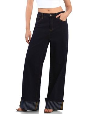 HINT OF BLU Contrast Cuff Wide Leg Jeans - Blue