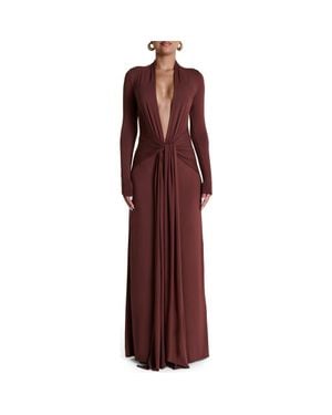 Naked Wardrobe Plunge Neck Long Sleeve Stretch Jersey Maxi Dress - Red