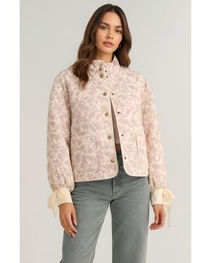 Modenaire Floral Quilted Jacket With Puff Sleeves And Satin Bow Cuffs - Natural