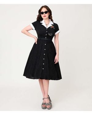 Unique Vintage Collared Short Sleeved Belted Alexis Swing Dress - Black