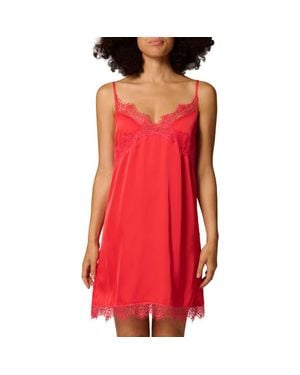 Simone Perele Lace Trim Satin Chemise - Red
