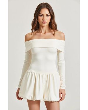 Modenaire Off-Shoulder Long-Sleeve Mini Dress With Bubble Hem - White