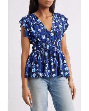 Loveappella Floral Flutter Sleeve Peplum Top - Blue