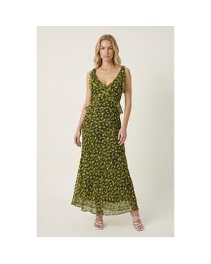 Modenaire Polka Dot Ruffle Midi Dress With Tie Shoulder Straps - Green