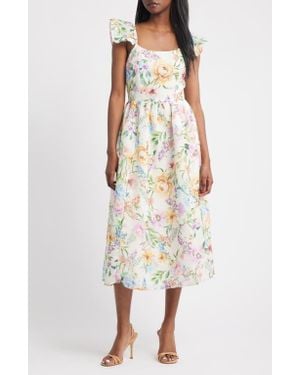 Lipsy Floral Print Flutter Sleeve Midi Dress - White