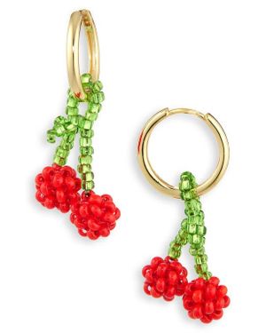 Pura Utz Beaded Charm Drop Hoop Earrings - Red