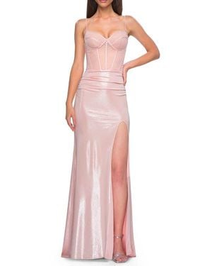 La Femme Metallic Prom Dress With Intricate Ruched Corset Top - Pink