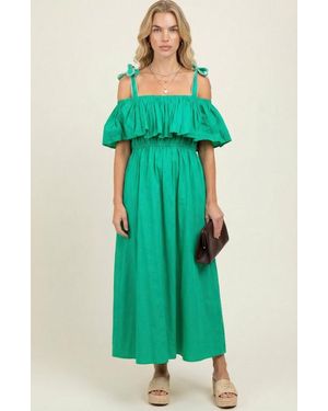 Modenaire Off Shoulder Ruffle Smocked Midi Dress - Green