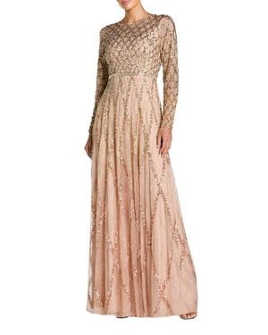 Mac Duggal Ombre Mesh Sequin Long Sleeve A Line Gown - Natural
