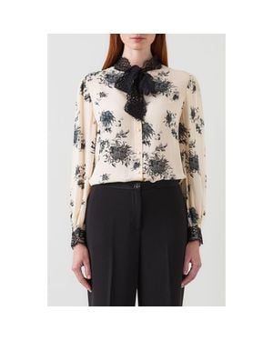 LK Bennett Violetta Floral Lace Bow Button-Up Shirt - Gray