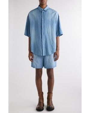 Acne Studios Oversize Short Sleeve Cotton & Linen Chambray Button-Up Shirt - Blue